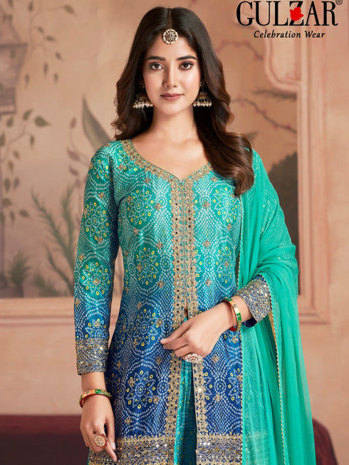 Blue Sharara style Suit Readymade Designer Salwar Suit Salwar Kameez in Jari Sequence,Mirror Embroidery With Digital Work