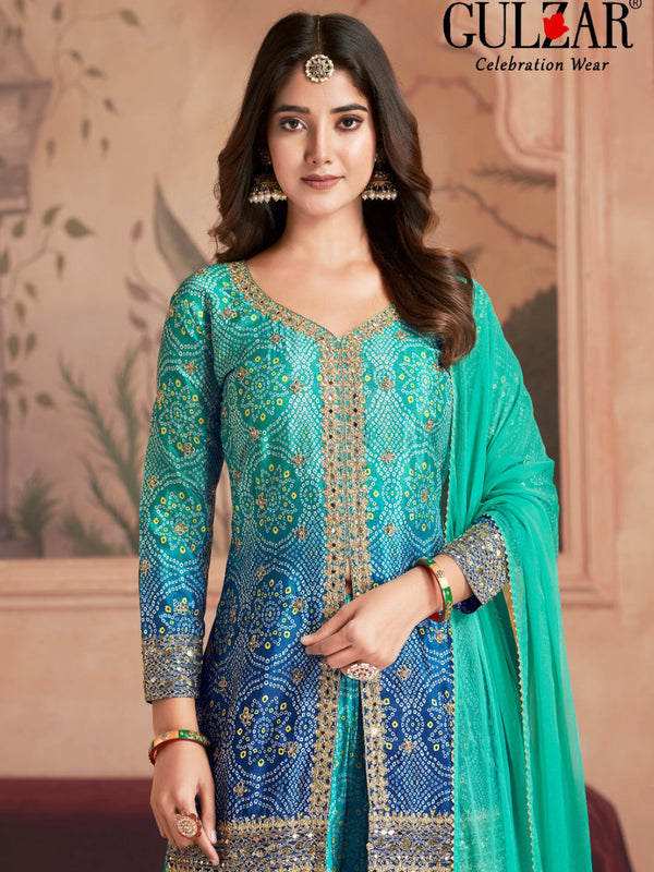 Blue Sharara style Suit Readymade Designer Salwar Suit Salwar Kameez in Jari Sequence,Mirror Embroidery With Digital Work