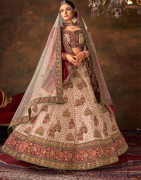 Heavy Traditional Designer Wedding Bridal Wear Lehenga Choli Off White Silk Lehenga Choli Front View