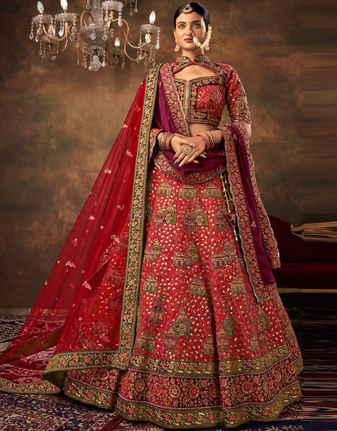 Heavy Traditional Designer Wedding Bridal Wear Lehenga Choli Red Silk Lehenga Choli Front View