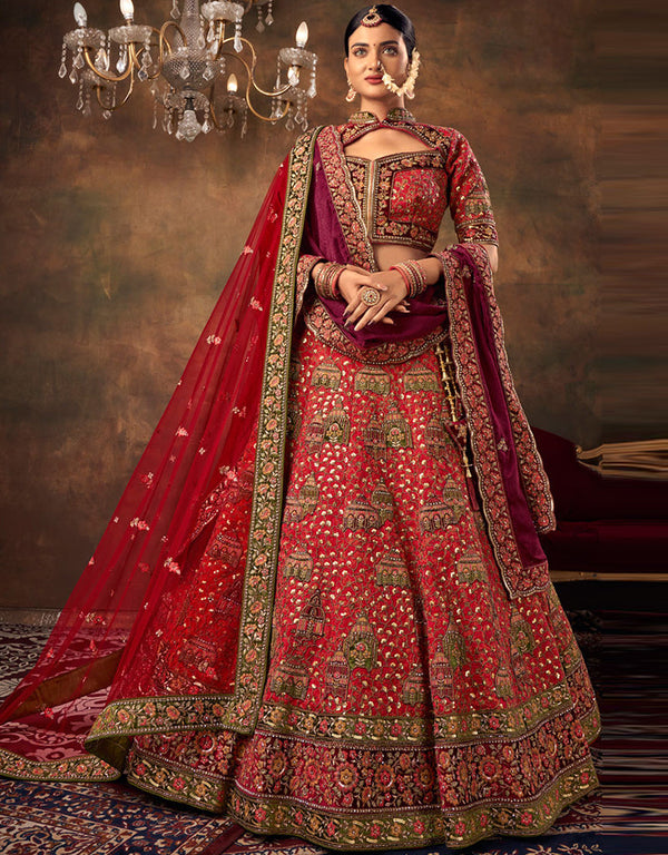 Heavy Traditional Designer Wedding Bridal Wear Lehenga Choli Red Silk Lehenga Choli Front View
