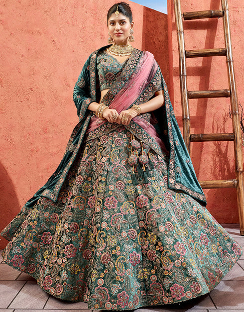 Heavy Traditional Designer Wedding Bridal Wear Lehenga Choli Rama Green Velvet Lehenga Choli Front View