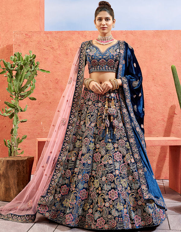Heavy Traditional Designer Wedding Bridal Wear Lehenga Choli Royal Blue Velvet Lehenga Choli Front View