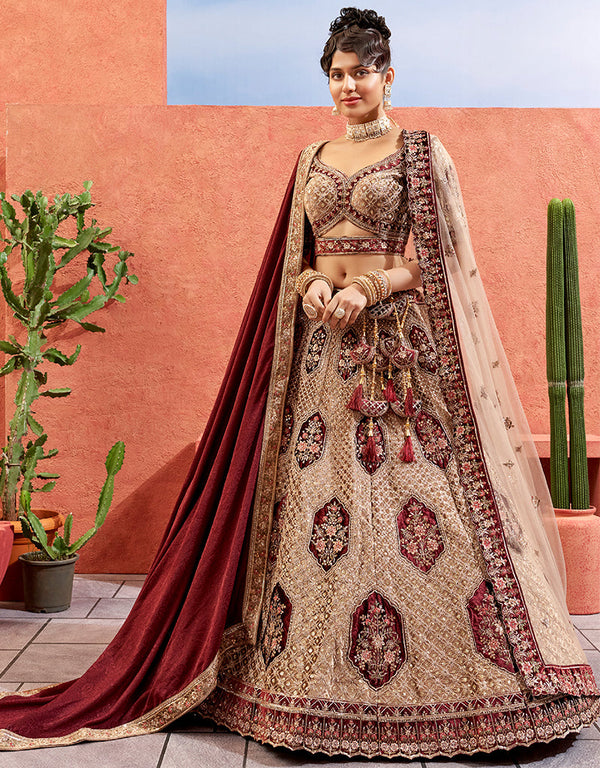 Heavy Traditional Designer Wedding Bridal Wear Lehenga Choli Chiku Velvet Lehenga Choli Front View