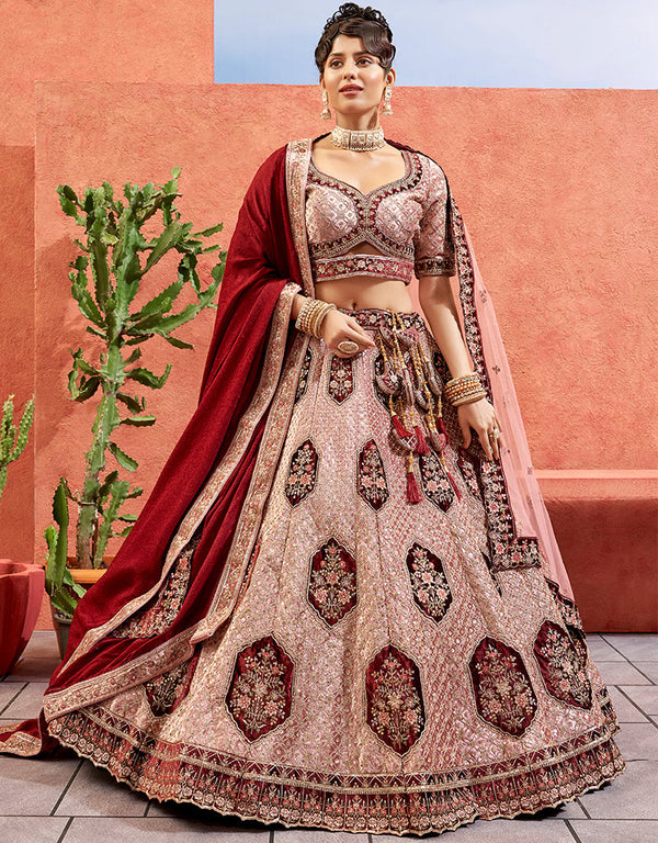 Heavy Traditional Designer Wedding Bridal Wear Lehenga Choli Baby Pink Velvet Lehenga Choli Front View