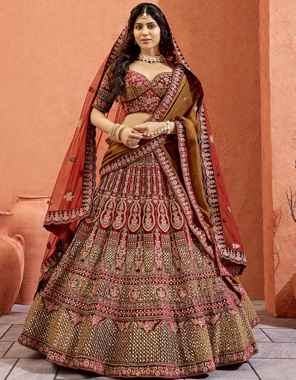 Heavy Traditional Designer Wedding Bridal Wear Lehenga Choli Maroon Velvet Lehenga Choli Front View