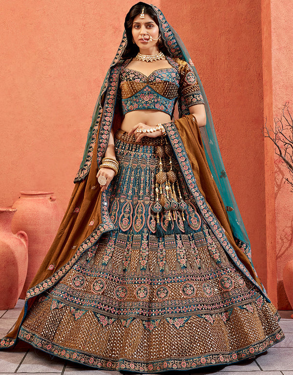 Heavy Traditional Designer Wedding Bridal Wear Lehenga Choli Rama Green Velvet Lehenga Choli Front View