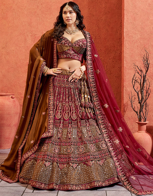 Heavy Traditional Designer Wedding Bridal Wear Lehenga Choli Wine Velvet Lehenga Choli Front View