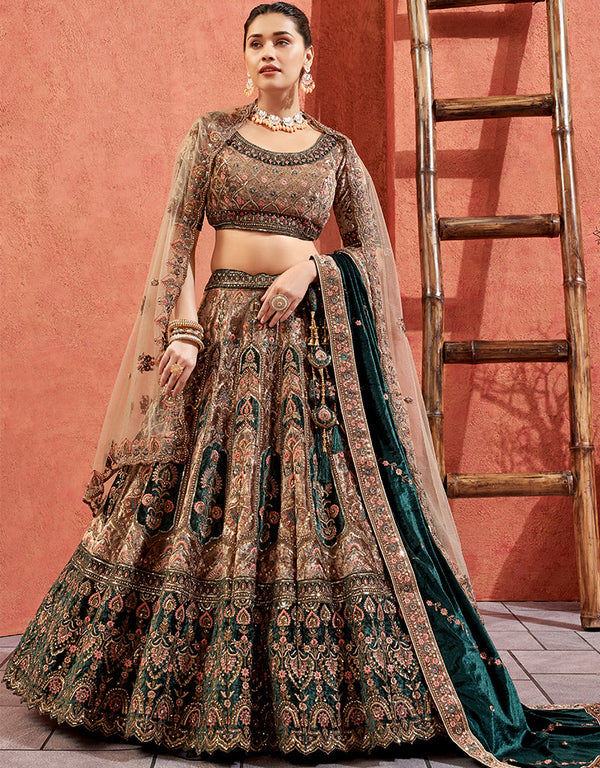 Heavy Traditional Designer Wedding Bridal Wear Lehenga Choli Chiku Velvet Lehenga Choli Front View