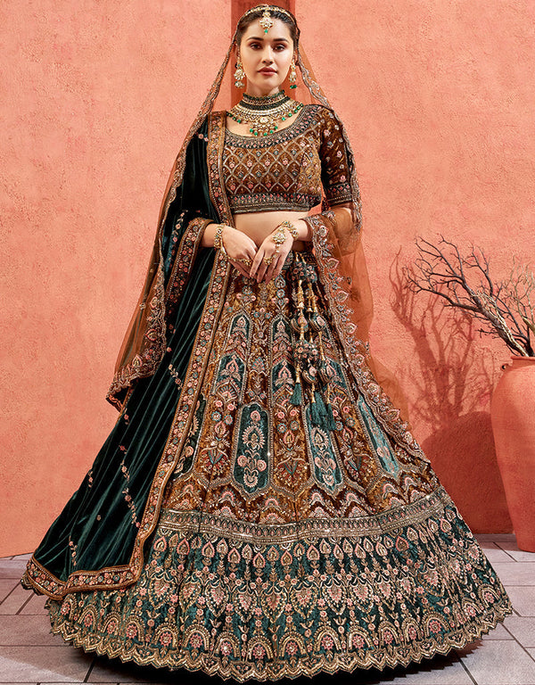 Heavy Traditional Designer Wedding Bridal Wear Lehenga Choli Mustard Velvet Lehenga Choli Front View