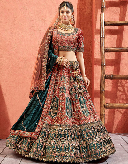 Heavy Traditional Designer Wedding Bridal Wear Lehenga Choli Rust Velvet Lehenga Choli Front View