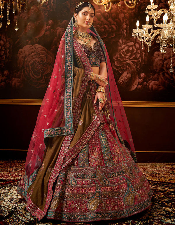 Heavy Traditional Designer Wedding Bridal Wear Lehenga Choli Rani Pink Velvet Lehenga Choli Front View