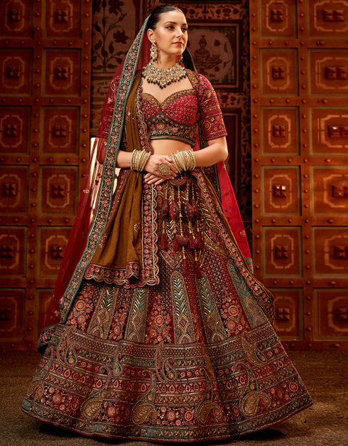 Heavy Traditional Designer Wedding Bridal Wear Lehenga Choli Maroon Velvet Lehenga Choli Front View