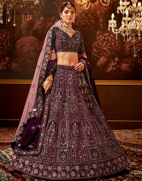 Heavy Traditional Designer Wedding Bridal Wear Lehenga Choli Wine Velvet Lehenga Choli Front View