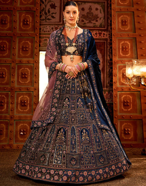 Heavy Traditional Designer Wedding Bridal Wear Lehenga Choli Royal Blue Velvet Lehenga Choli Front View