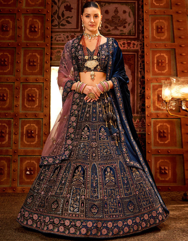 Heavy Traditional Designer Wedding Bridal Wear Lehenga Choli Royal Blue Velvet Lehenga Choli Front View