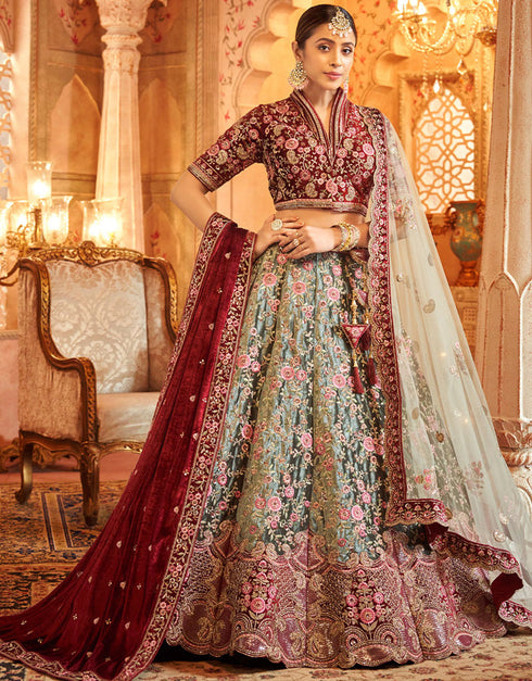 Heavy Traditional Designer Wedding Bridal Wear Lehenga Choli Maroon Velvet Lehenga Choli Front View