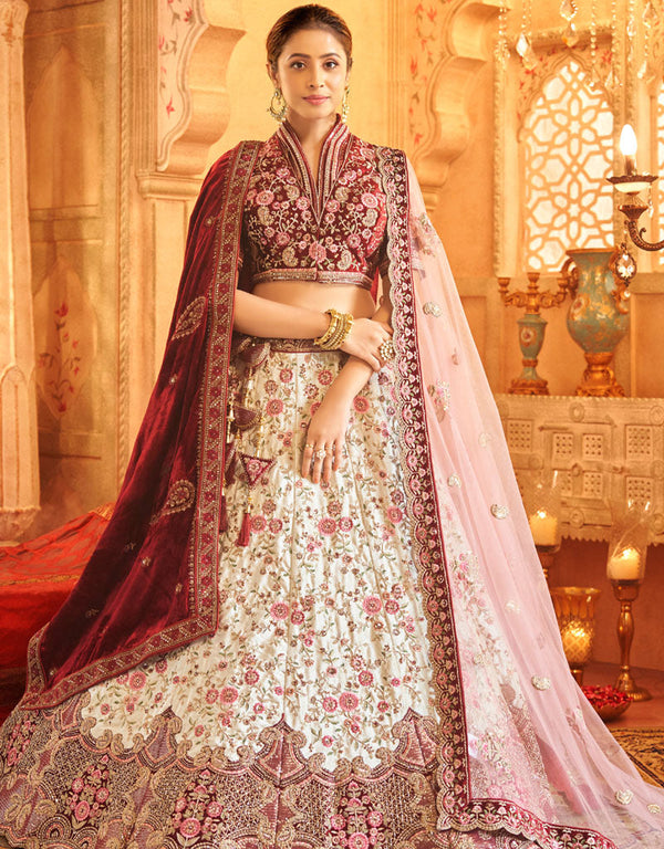 Heavy Traditional Designer Wedding Bridal Wear Lehenga Choli Maroon Velvet Lehenga Choli Front View