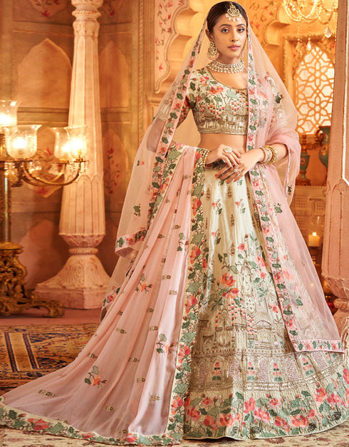 Heavy Traditional Designer Wedding Bridal Wear Lehenga Choli Off White Silk Lehenga Choli Front View