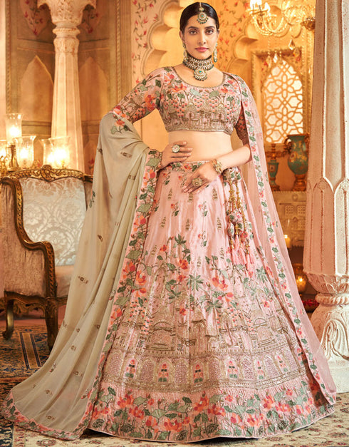 Heavy Traditional Designer Wedding Bridal Wear Lehenga Choli Pink Silk Lehenga Choli Front View