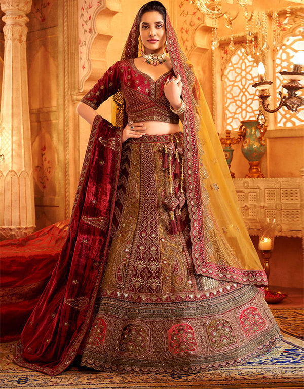 Heavy Traditional Designer Wedding Bridal Wear Lehenga Choli Maroon Velvet Lehenga Choli Front View