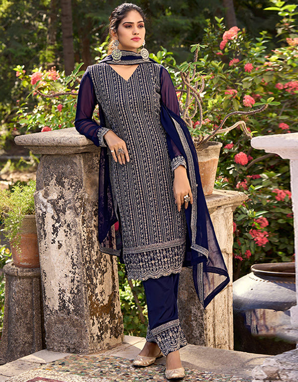 trendy dark blue glory silk designer party wear readymade salwar suit with dark blue santool ie-27-2713 Front View