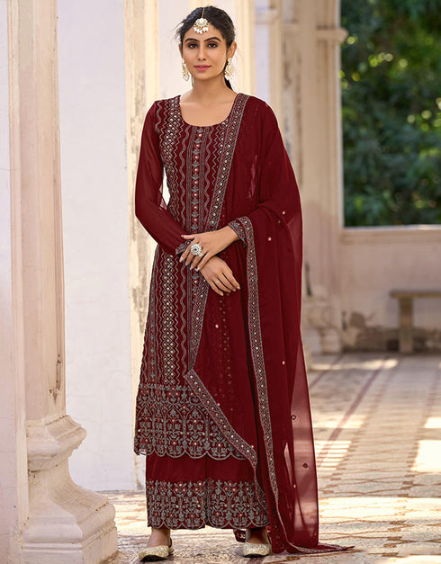 elegant rustic red glory silk designer party wear readymade salwar suit with rustic red santool ie-27-2714 Front View