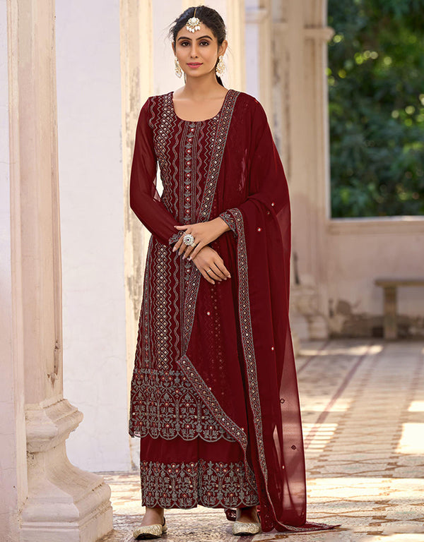 elegant rustic red glory silk designer party wear readymade salwar suit with rustic red santool ie-27-2714 Front View