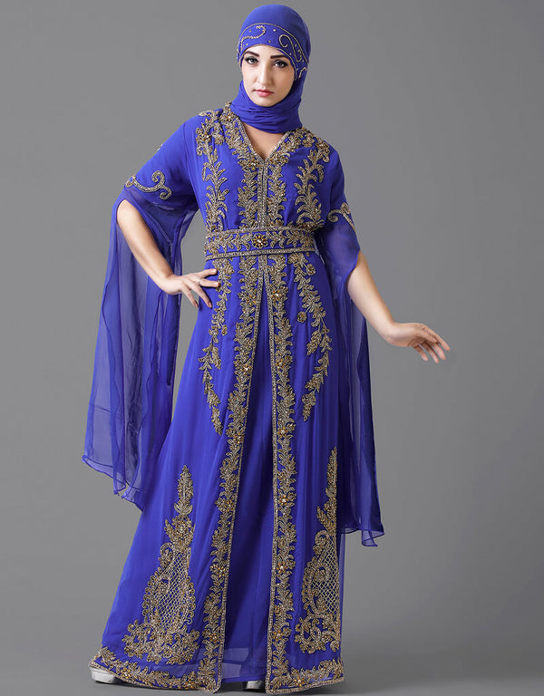 Trendy Blue Georgette Pearl Embroidery Kaftan