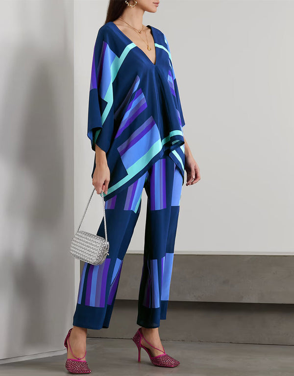 Designer Readymade Co-Ord Sets With Pockets Dusk Blue Soft Silk Crepe Pant Suit Front View