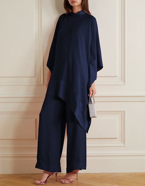Designer Party Wear Readymade One Piece Navy Blue Korean Nida Pant Suit Close-up View