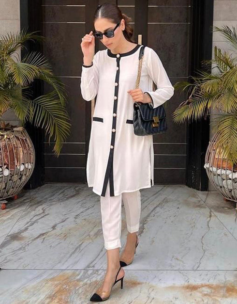 Designer Party Wear Readymade Co-Ords Set Off White Fluid Crepe Silk Pant Shirt Back View