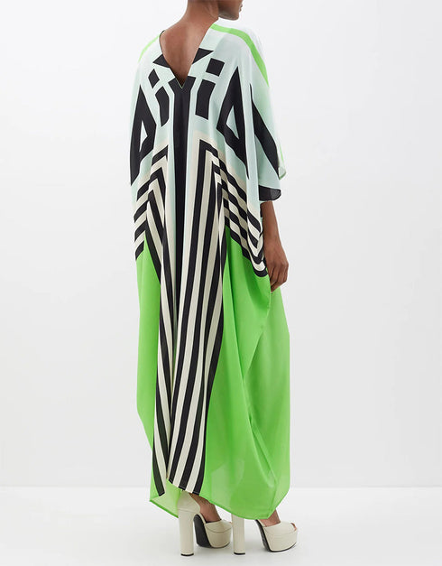 Designer Party Wear Belt Style Kaftan Maxi Dress Green Silk Crepe Maxi Dress Back View