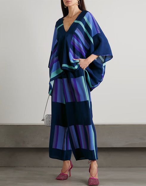 Designer Readymade Co-Ord Sets With Pockets Dusk Blue Soft Silk Crepe Pant Suit Close-up View