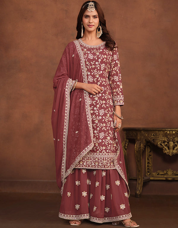elegant sanguine brown faux georgette designer party wear salwar suit with sanguine brown faux georgette df-174-7404 Front View