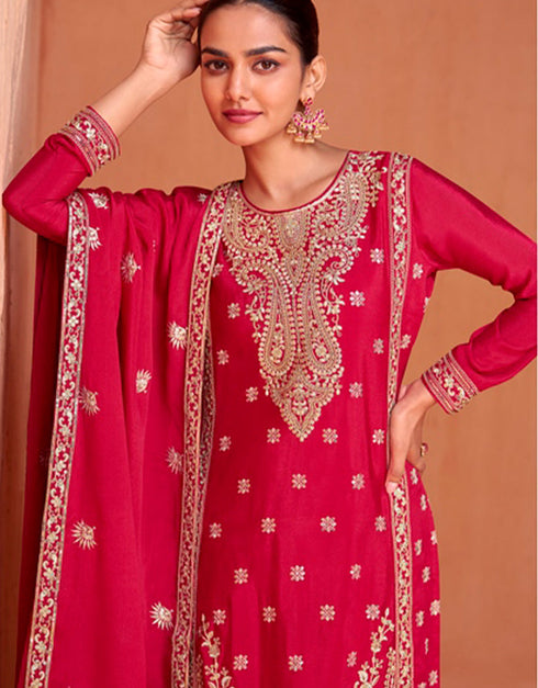 stylish lipstick red real chinon designer traditional wedding wear salwar suit with lipstick red real chinon ie-7430 Close-up View