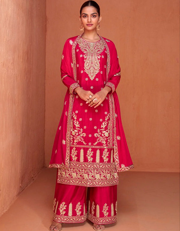 stylish lipstick red real chinon designer traditional wedding wear salwar suit with lipstick red real chinon ie-7430 Front View