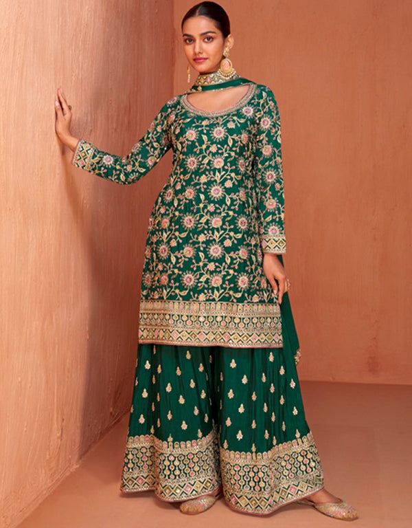 elegant sherwood green real chinon designer traditional wedding wear salwar suit with sherwood green real chinon ie-7433 Front View