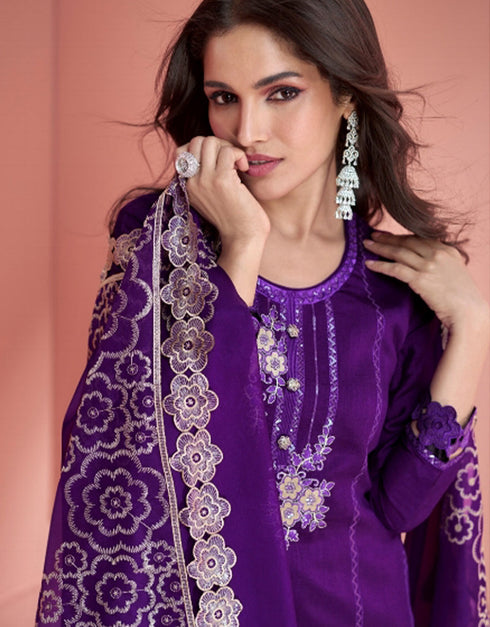 elegant grape purple premium silk heavy designer wedding wear salwar suit with grape purple premium silk ie-9818 Back View