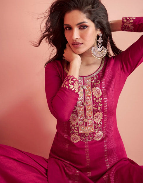 fashionable purple red premium silk heavy designer wedding wear salwar suit with purple red premium silk ie-9819 Close-up View