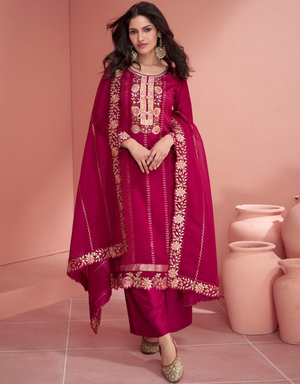fashionable purple red premium silk heavy designer wedding wear salwar suit with purple red premium silk ie-9819 Front View