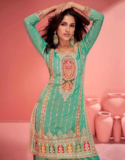 stylish elf green organza simar silk designer party wear salwar suit with elf green organza simar silk ie-9894 Close-up View