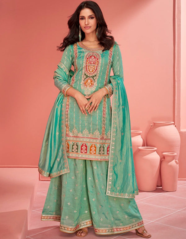 stylish elf green organza simar silk designer party wear salwar suit with elf green organza simar silk ie-9894 Front View