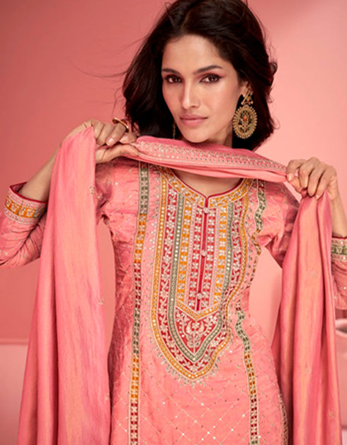 trendy coral pink organza simar silk designer party wear salwar suit with coral pink organza simar silk ie-9896 Close-up View
