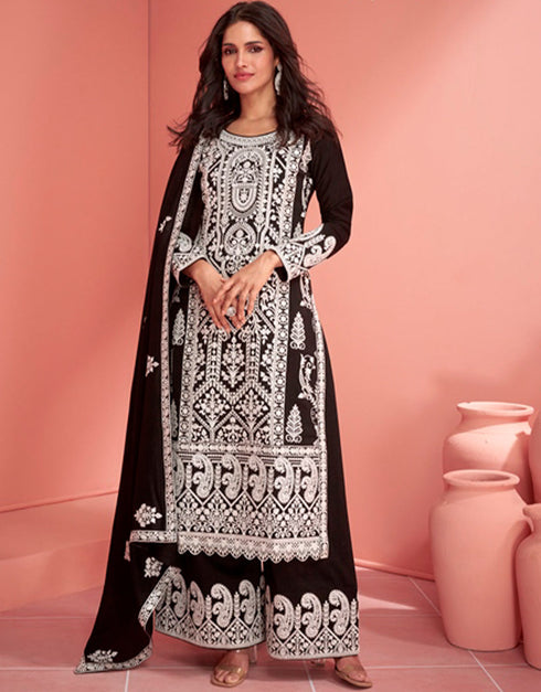 stylish black premium silk designer party wear salwar suit with black premium silk ie-9903 Front View