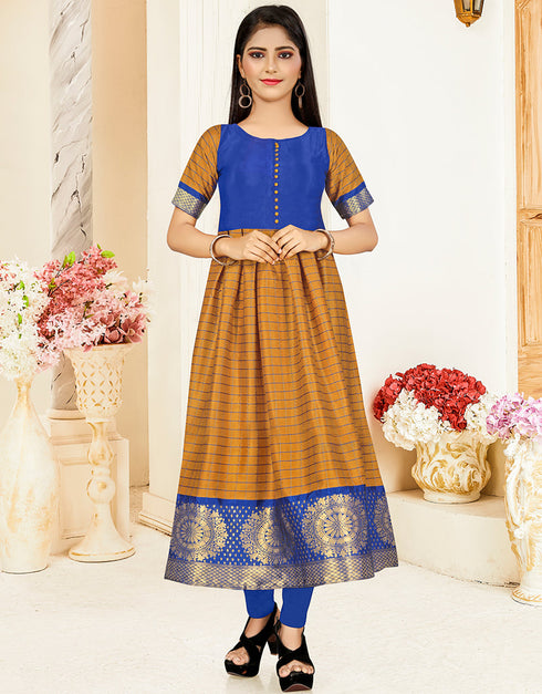 Designer Wear Readymade Kids Long Gown Mustard Banarasi Silk Gowns Front View