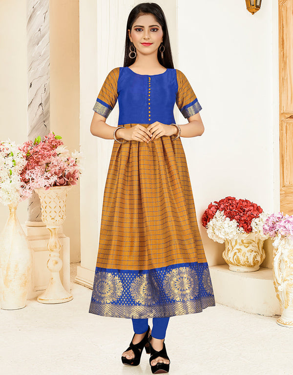 Designer Wear Readymade Kids Long Gown Mustard Banarasi Silk Gowns Front View