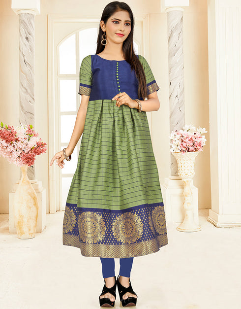 Designer Wear Readymade Kids Long Gown Green Banarasi Silk Gowns Front View