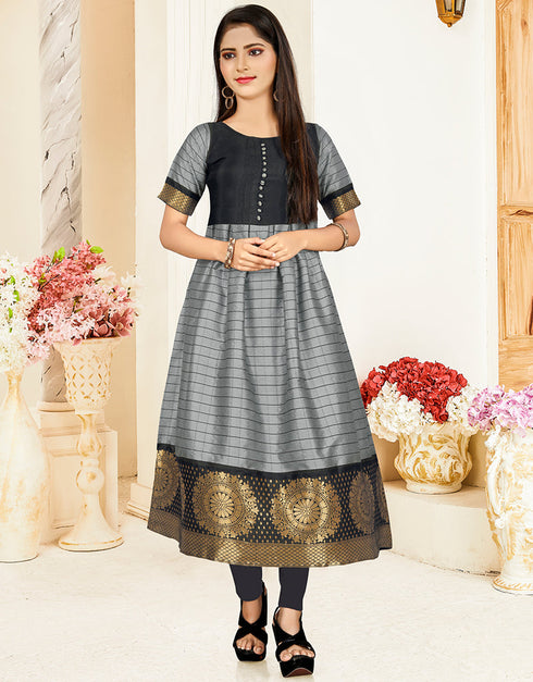 Designer Wear Readymade Kids Long Gown Grey Banarasi Silk Gowns Front View