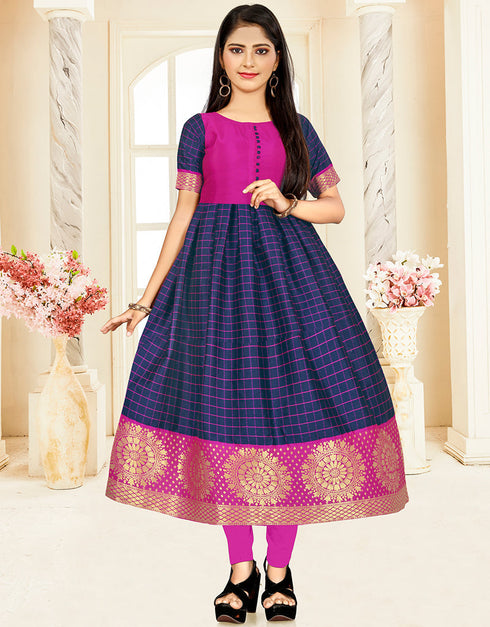 Designer Wear Readymade Kids Long Gown Blue Banarasi Silk Gowns Front View